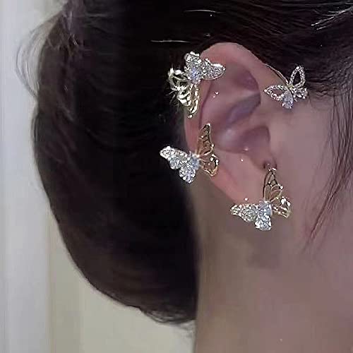 BETHYNAS Glitter Rhinestone Butterfly Flower Ear Cuff Sparkly Non-Pierced Crystal Tassel Fake Earrings Climber Lady Ear Wrap Bridal Party Ear Jewelry for Women and Girls - color: Gold Hollow Butterfly