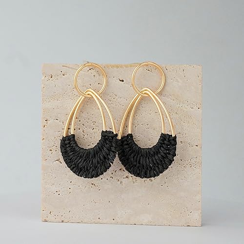 Raffia Hoop Earrings for Women Fun Boho Summer Beach Earrings Lightweight Handmade Straw Wicker Rattan Dangle Earrings Statement Geometric Round Drop Earrings - color: Black - Teardrop