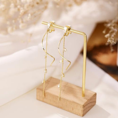 Gold/Silver Clip on Earrings Non Pierced for Women - 14K Gold Plated Long Tasse Drop Dangle Clip Earrings - Cubic Zirconia Leaf Earrings for Women Gold Wedding Jewelry Gifts - color: Gold