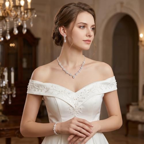 Crystal Wedding Jewelry Set for Brides Silver Necklace Earrings and Bracelet Set Elegant Women Wedding Jewelry Sets for Weddings, Bridesmaids, Prom, Party and Special Occasions