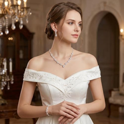 Crystal Wedding Jewelry Set for Brides Silver Necklace Earrings and Bracelet Set Elegant Women Wedding Jewelry Sets for Weddings, Bridesmaids, Prom, Party and Special Occasions