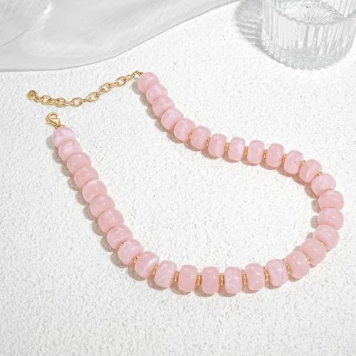 Chunky Beads Necklace for Women Trendy Gold Puffy Heart Choker Necklace Colorful Resin Beaded Heart Pendant Necklaces Statement Jewelry - color: Round-Pink