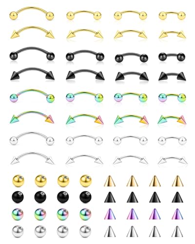 JELIEE 64pcs Eyebrow Piercing Jewelry Surgical Steel Rook Piercing Jewelry Curved Barbell Tiny Eyebrow Ring Vertical Labret Lip Jewelry Ear Rook Helix Conch Daith For Women Men 16g 6mm/8mm/10mm/12mm
