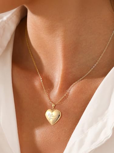 U7 Custom Photo Locket Necklace - Oval & Heart Shaped Locket - Gold/Silver/Rose Gold Personalized Image Necklaces for Women - color: 03-Gold I Love You, style: a. locket only