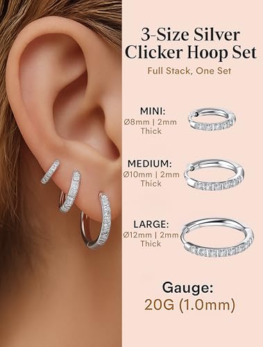 316L Surgical Steel Huggie Hoop Earrings | Dainty Pave Cubic Zirconia Cartilage Tiny Earring for Sensitive Ears Hypoallergenic Lightweight for Women Men - style: Silver,20G*8/10/12mm