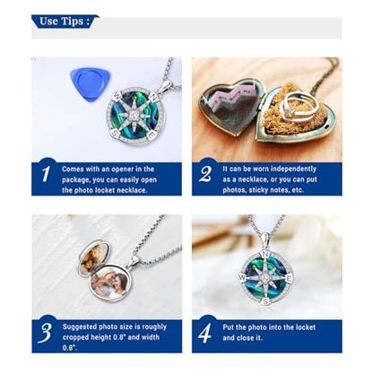 Compass Necklace for Women Men 925 Sterling Silver Pendant Urn Necklaces for Ashes Picture Locket Necklace Anchor Necklace Viking Necklace Crystals CZ Moonstone Abalone Shell Turquoise Compass Jewelry - color: Q-F-Compass Picture Locket, style: Locket