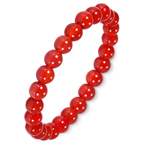 Agate Round Beaded Bracelet for Women Men Natural Agates Stone Healing Bracelets Stretch Elastic Handmade Polished Gemstone Beads Bracelet - color: Red, size: 8mm Beads