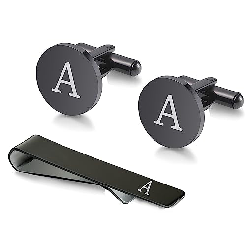 WIGERLON Initial Cufflinks and Tie Clip Set for Men,Stainless steel Letter Cuff Links and Tie Bar Set gift for Father Husband Son Boyfriend - style: A-Black