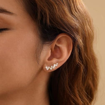 Ear Climber Earrings for Women, 14K Gold Plated/Silver Plated | Crawler Earrings Pierced with Cubic Zirconia, Hypoallergenic Cluster Stud Tragus Conch Daith Cartilage Jewelry Gift for Daily - color: Gold-7
