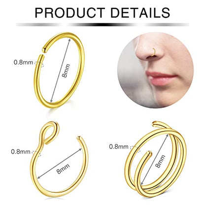 Incaton 20G Stainless Steel Nose Rings for Women Nose Rings Hoops L Shaped Nose Studs Screw Nose Piercing Jewelry for Women Men Silver Rose Gold Black Rainbow - color: 24P GOLD