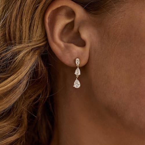 Dangle Earrings for Women, Formal Teardrop Drop Earrings Dainty Wedding Bridal Dangling Earrings 14k Gold Plated Long Gold Earrings for Women Trendy Hypoallergenic Waterproof Prom Jewelry - color: Gold-Rhinestone