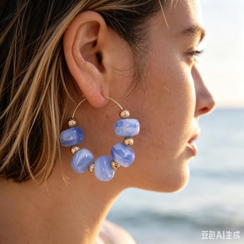Colorful Beaded Earrings for Women Beaded Hoop Earrings | Chunky Acrylic Resin Boho Statement Drop Earrings Trendy Summer Beach Jewelry Accessories Gifts - color: Blue