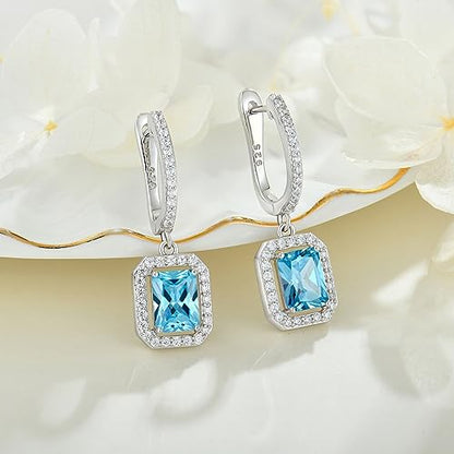 Women's Solitaire Dangle Drop Earrings 925 Sterling Silver Pure Square Huggie Earrings Hoop Dangle Drop Earrings Jewelry Gift - color: 03-aquamarine-Mar