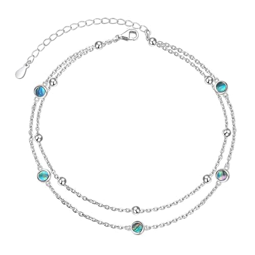 Flyow Anklet for Women S925 Sterling Silver Adjustable Foot Beaded Heart Charm Ankle Bracelet Anklets Jewelry - style: Abalone Shell