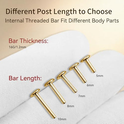 limerencia 16G/18G Hypoallergenic Internal Threaded Titanium Bar Post Replacement,Flat Back Stud Earrings Post Medusa Helix Couch Labret Bar for Women Men Sensitive Ears(A Pair) - color: gold tone, size: 16G-5mm