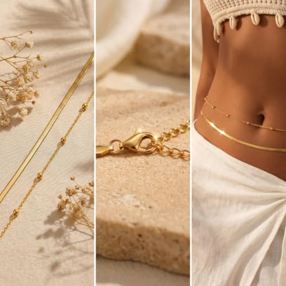 Gold Waist Chain for Women, Layered Adjustable Belly Chain, Snake Body Chain & Beaded Waist Beads, Dainty Bikini Summer Beach Trendy Body Jewelry Accessories