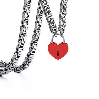 Heart Padlock Collar Stainless Steel Lock Necklace Byzantine Chain Necklace Locking Collar Choker for Men Women Jewelry - style: F