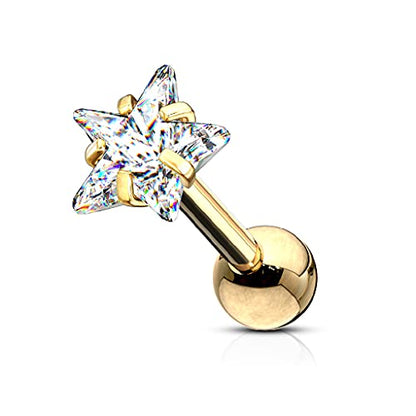 Pierced Owl - 16GA Prong Set Shining Star 316L Surgical Stainless Steel Labret Monroe Lip Cartilage Helix Tragus Conch Ear Lobe Barbell Stud - style: Gold tone/Clear