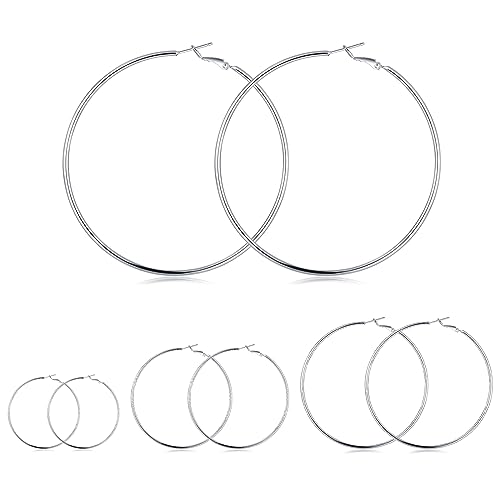 3 Pairs Sterling Silver Large Hoop Earrings Set for Women 40 50 60MM | 14K White Gold Plated, Hypoallergenic - style: A-4 pairs silver hoop earrings 40/50/60/70mm