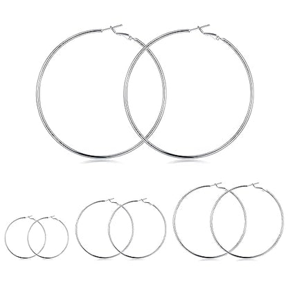 3 Pairs Sterling Silver Large Hoop Earrings Set for Women 40 50 60MM | 14K White Gold Plated, Hypoallergenic - style: A-4 pairs silver hoop earrings 40/50/60/70mm