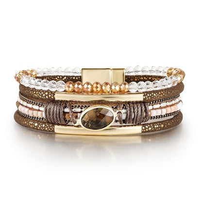 Edoneery Leather Wrap Bracelets for Women, Boho Layered Cuff Bangle | Multi-layer Leather Cuff, Daily wear, Stackable Bangle, Easy on-off, Western Jewelry Gifts for Women - color: Brown-2