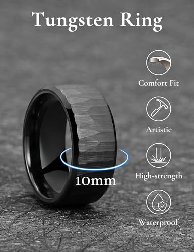King Will 8mm Mens Hammered Tungsten Rings Matte Brushed Finish | Beveled Edge, Comfort Fit, Durable, Everyday Wear - color: Black 10mm