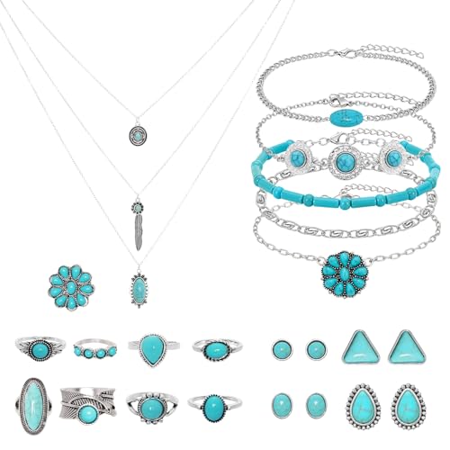 19 Pieces Bohemian Jewelry Set for Women Turquoise Necklace Dangle Earrings Stackable Bangle Bracelets Knuckle Rings Vintage Western Boho Turquoise Jewelry Set Gift