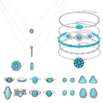 19 Pieces Bohemian Jewelry Set for Women Turquoise Necklace Dangle Earrings Stackable Bangle Bracelets Knuckle Rings Vintage Western Boho Turquoise Jewelry Set Gift