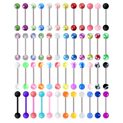 48Pcs 14G Surgical Stainless Steel Tongue Rings Tongue Piercing Jewelry | Straight Tongue Barbells Bars for Women Glow in Dark Candy Cute Color Tongue Ring 16mm