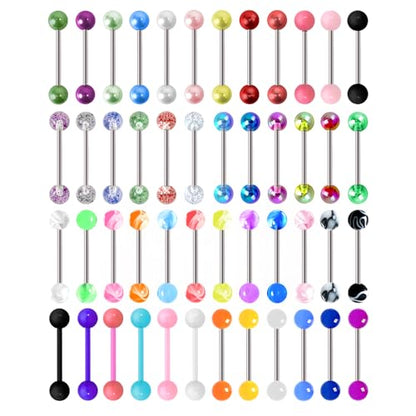 48Pcs 14G Surgical Stainless Steel Tongue Rings Tongue Piercing Jewelry | Straight Tongue Barbells Bars for Women Glow in Dark Candy Cute Color Tongue Ring 16mm
