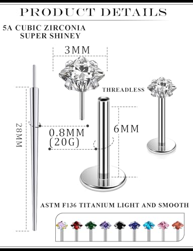 20G 18G 16G Astm F136 Titanium Threadless Flat Back Earrings Nose Studs Tragus Helix Conch Cartilage Lobe Earrings Medusa Labret Snake Bite Monroe Lip Ring Piercing Jewelry For Women Men - size: 20G-6MM Bar-CZ 3MM