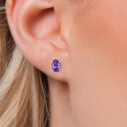 Gem Stone King Oval Gemstone Birthstone Stud Earrings for Women Men | Oval Cut 7X5MM | Fine Jewelry Gifts for Mom Dad Wife Him Her - style: Amethyst, February