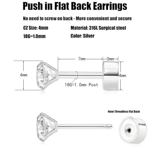 Threadless Flat Back Earrings, Hypoallergenic 14K Real Gold Plated CZ Stud Earrings | Cartilage Earring | Tragus Helix Piercing Jewelry | Push in Flatback Earrings for Women Men - color: Silver, size: 4 Millimeters