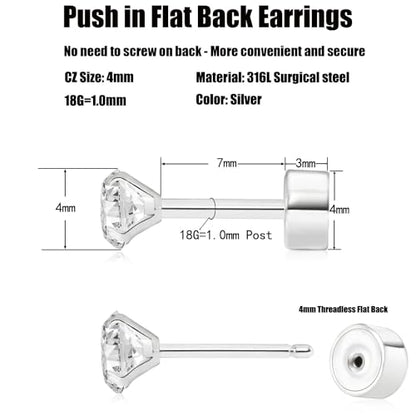 Threadless Flat Back Earrings, Hypoallergenic 14K Real Gold Plated CZ Stud Earrings | Cartilage Earring | Tragus Helix Piercing Jewelry | Push in Flatback Earrings for Women Men - color: Silver, size: 4 Millimeters