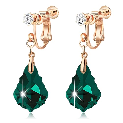 Austrian Crystal Baroque Drop Clip On Dangle Earrings for Women Non Pierced 14K Rose Gold Plated Hypoallergenic Jewelry - color: Emerald Green