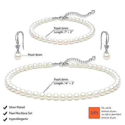 Zeffy Pearl Necklace 4MM/6MM/8MM Dainty Round Imitation Pearl Choker Necklace Wedding Pearl Necklace Delicate Jewelry for Women Simple Bridesmaid Jewelry Gifts - style: Pearl Necklace+Bracelet+Earrings
