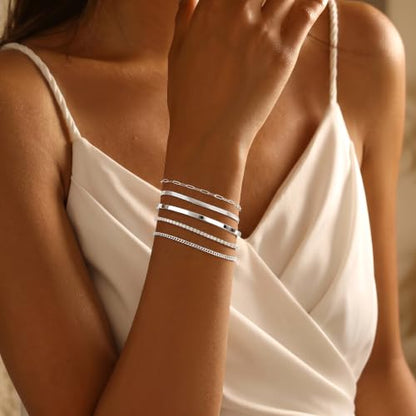 Dainty Gold Bracelet for Women Trendy Non Tarnish, Thin Bracelets Stackable Set with Bangle Cuff, Box, Herringbone, Paperclip, Figaro, Sparkling Link Chains Waterproof, Simple Jewelry Gifts for Women - color: Silver-tennis/cuban/bangle/paperclip/snake