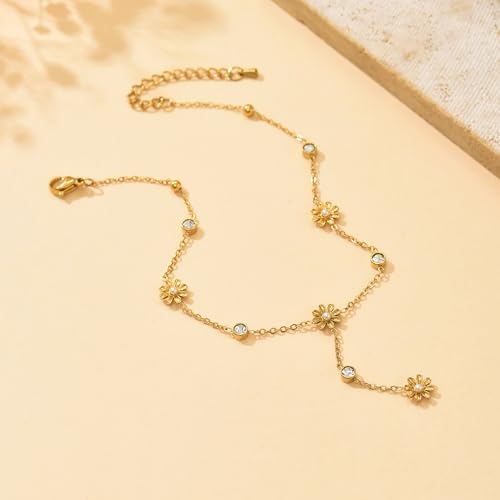 Gold Anklet for Women 18K Gold Plated Daisy Pearl CZ Foot Chain Star Flower Cross Ankle Bracelet Dainty Waterproof Beach foot jewelry for women sexy - color: Flower CZ-Gold