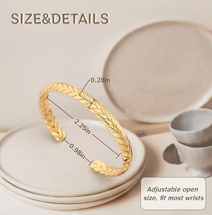 PERNNLA PEARL Dainty Gold Bar Bracelet for Women Simple Delicate Thin Cuff Bangle Hook Bracelet 18K Gold Plated Handmade Minimalist Jewelry - color: 32.Ear of Wheat