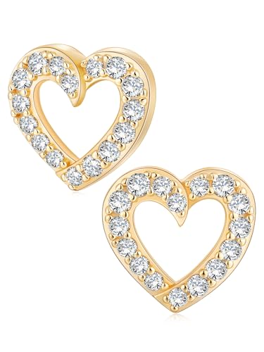 All Moissanites Sparkly Geometric Stud Earrings for Women, Solid 925 Sterling Silver with Rhodium/Gold Plated Hypoallergenic, Lightweight Comfy Earrings - color: Heart - Yellow Gold