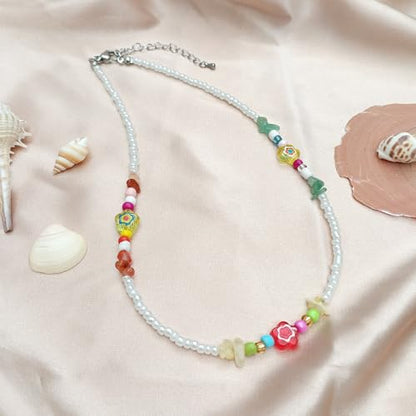Beaded Necklaces for Women Summer Beach Beaded Necklace Bead Choker Boho Necklaces for Women Handmade Summer Jewelry Stainless Steel 18K Gold Plated - color: Multi