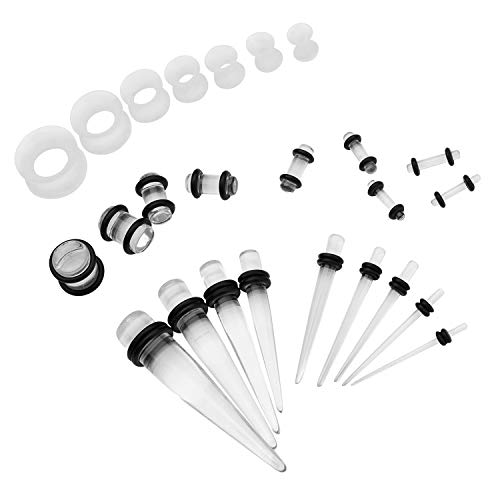 50-Piece Ear Gauges Stretching Kit, 14G-00G | Acrylic tapers and plugs with soft silicone tunnels, body piercing jewelry for women and men - color: Transparent