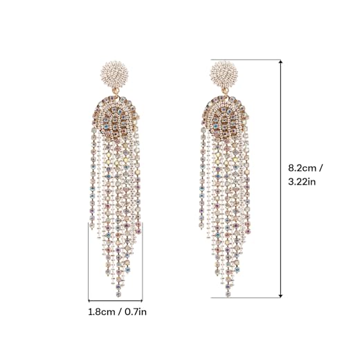 Fringe Dangling Tassel Earrings for Women, Handcrafted Chandelier Long Bohemian Beaded Cubic Zirconia Crystal Imitation Pearls Inlay Statement Boho Chain Hook Earrings for Wedding Party - color: Colorful White Fringe