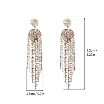 Fringe Dangling Tassel Earrings for Women, Handcrafted Chandelier Long Bohemian Beaded Cubic Zirconia Crystal Imitation Pearls Inlay Statement Boho Chain Hook Earrings for Wedding Party - color: Colorful White Fringe