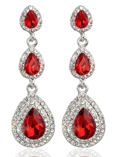 Crystal Teardrop Dangle Earrings - S925 Sterling Silver Posts Rhinestone Drop Earrings for Women Wedding Bridal Brides Bridesmaids Party Prom Pageant Fashion Costume Jewelry - style: 3 teardrop dangle earrings red silver