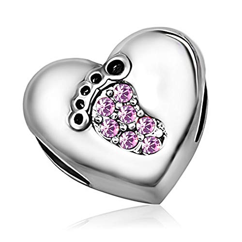 KunBead January-December Birthstone Footprint Heart Birthday Love Bead Charms Compatible with Pandora Bracelet for Mom Daughter Grandma Granddaughter - color: June