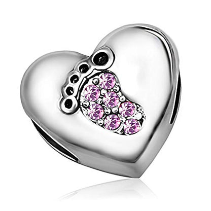 KunBead January-December Birthstone Footprint Heart Birthday Love Bead Charms Compatible with Pandora Bracelet for Mom Daughter Grandma Granddaughter - color: June