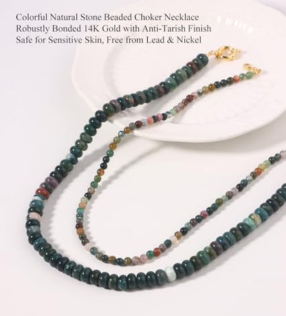 CASDAN 2Pcs Natural Gemstone Beaded Choker Necklaces for Women | Boho Colorful Beads Choker,Natural Stone Surfer Beach Necklaces,Handmade Summer Jewelry,Charm Trendy Necklaces - color: Greyish green