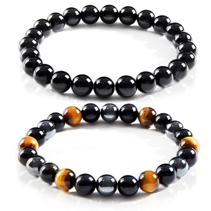 Triple Protection Bracelet Set, Healing Crystal Beaded Bracelets, Genuine Tiger Eye Black Obsidian Hematite, Gift for Men and Women, Natural Stone Jewelry for Grounding Energy and Stress Relief - color: Guardian Flow
