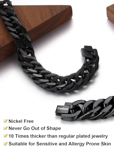 ChainsHouse Stainless Steel Cuban Link Bracelet, 6mm/8mm/12mm/17mm Width, 7.5"/8.3"/9", Black/ 18K Gold Plated Chain Wrist Bracelets for Men Women, Send Gift Box - color: U: Black-17mm width-custom